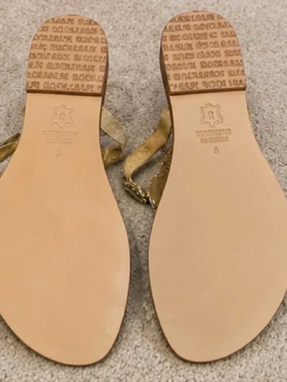 Mystique Embellished Gold Thong Sandals | Rhinestone Shell Accent | Sz 8